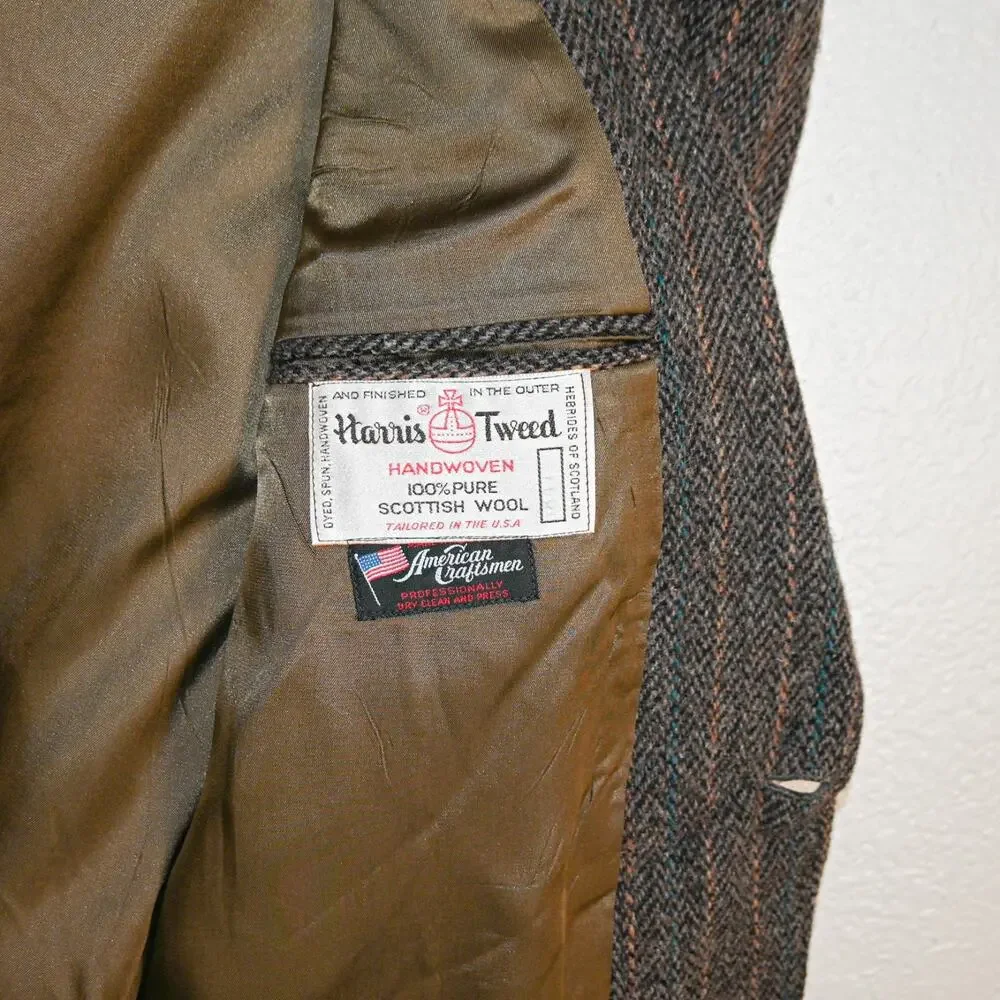 Harris Tweed 44US Scottish Wool Sport Coat Haevy herringbone Brown striped